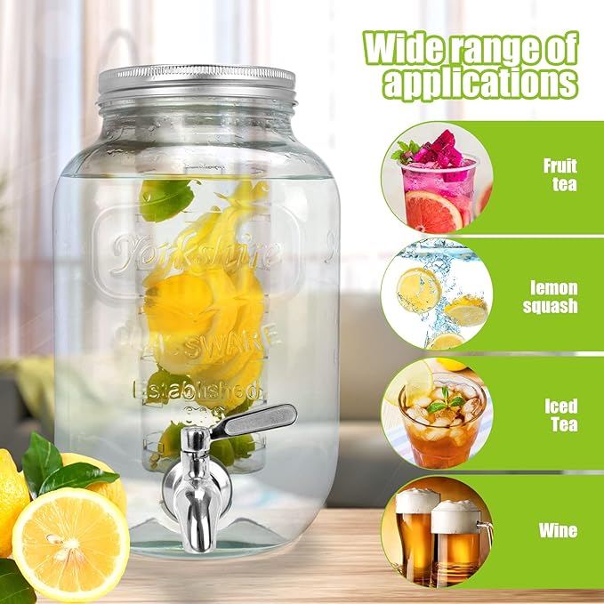 1 Gallon Glass Drink Dispensers For Parties 2PACK.Beverage Dispenser,Drink Dispenser With Stand And Stainless Steel Spigot 100% Leakproof.Glass Drink Dispenser With Ice Cylinder. Lemonade