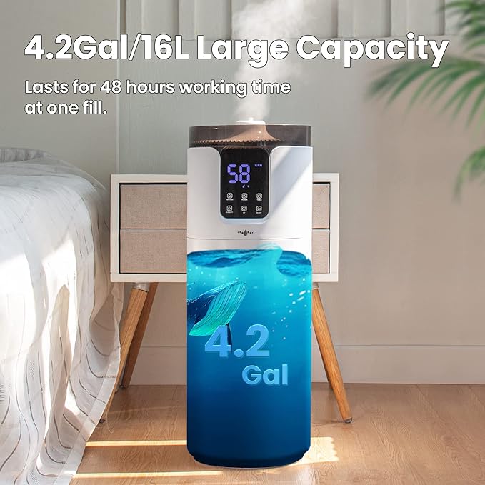 Humidifier large room 16L/4.2Gal - Lacidoll Whole house Humidifier for Home1500 sq.ft. Ultrasonic Cool Mist Humidifiers for Bedroom with Extension Tube & Aroma Box & Night light, White