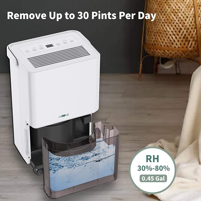 Uhome 30 Pint Dehumidifier - for Basement with Activated Carbon Filter,Ultra Quiet, Humidity Sensor, Auto Shut Off, Continuous Drainage Hose - Ideal Dehumidifiers for Home, 1500 Sq Ft Dehumidifiers