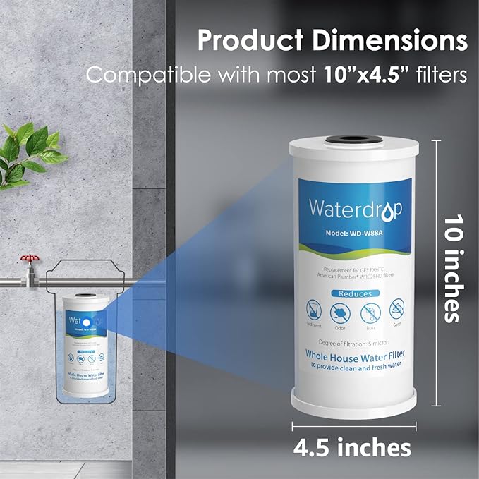 Waterdrop FXHTC Whole House Carbon Water Filter, Replacement for GE® FXHTC, GXWH40L, GXWH35F, Culligan® RFC-BBSA, American Plumber W10-PR, W10-BC, WRC25HD, 10" x 4.5" Cartridge, 5 Micron, Pack of 2