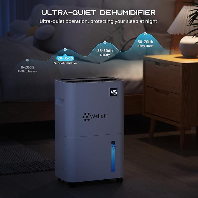 3500 Sq.Ft Dehumidifier, Wellsle 50 Pint Dehumidifiers for Home and Basement with Drain Hose, Ultra-Quiet Bedroom Dehumidifier - Intelligent Humidity Control - 24 Hour Timer