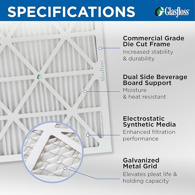 Glasfloss 24x30x1 MERV 10 (FPR 5-6) Pleated Air Filters Box of 6. Actual Size: 23-5/8 x 29-5/8 x 7/8