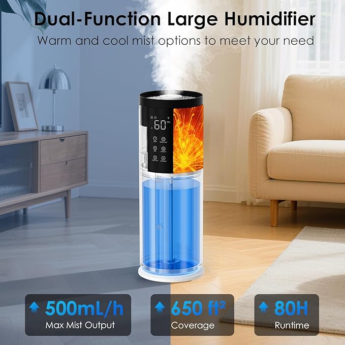 Humidifiers for Bedroom - GloryAir 2.11Gal (8L) Quiet Top Fill Cool & Warm Mist Humidifier Large Room 650 ftΒ² with Humidistat, diffuser, Auto Mode, 7-Color Light for Plants, Baby,Adults, Office & Home