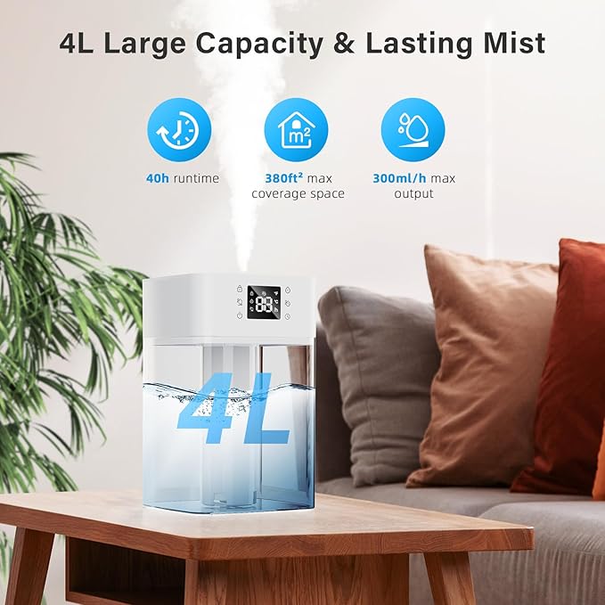 JRD 4L Humidifiers for Bedroom, Cool Mist Humidifier for Large Room, 40H Runtime, 360° Nozzle, Night Light for Home, Office, Baby Nursery, Plants(White)