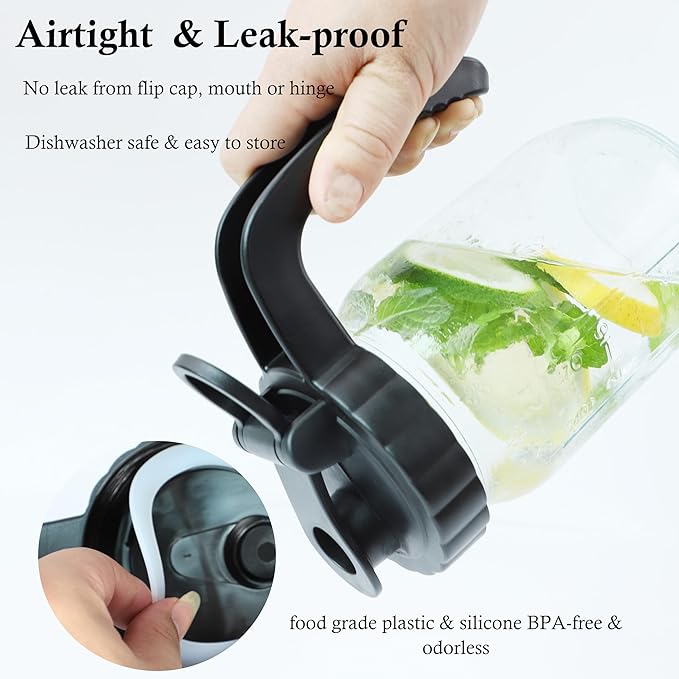 Glass Mason Jars Pitcher 32 Oz Pour Spout Lids & Handle (2 Set) Wide Mouth Airtight Leak Proof Fridge Breast Milk Pitcher With Top Flip Cap 1 Quart Water Jug For Cold Brew Coffee, Iced Tea, Beverage