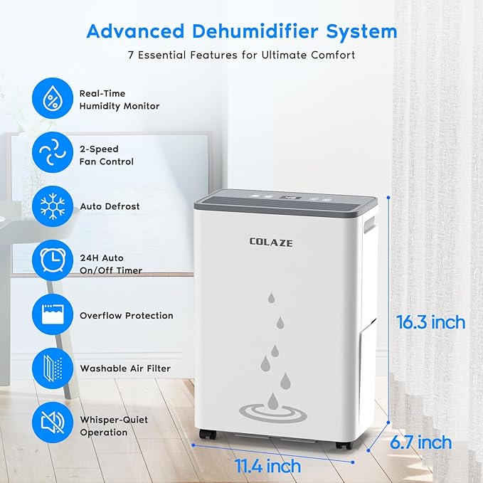 COLAZE 50 Pint Dehumidifier, Dehumidifier for Basement with Drain Hose, Dehumidifiers for Home up to 4,500 Sq. Ft, Ideal for Bedroom, Bathroom & Large Rooms, Smart Control, 24H-Timer & Auto Defrost