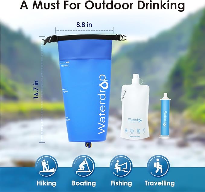 Waterdrop Gravity Water Filter Straw, Camping Water Filtration System, Water Purifier Survival for Travel, Backpacking and Emergency Preparedness, 1.5 gal Bag, 0.1 Micron, 5 Stage Filtration, Blue