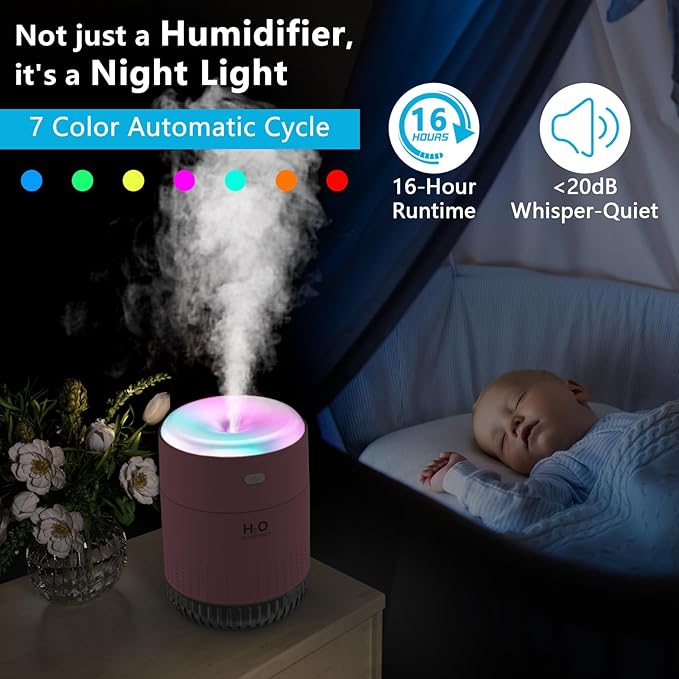 Colorful Mini Humidifier, USB Rechargeable Humidifier, 4 Modes Super Quiet, Humidifiers For Bedroom,Suitable For Travel Office Family-Rose Pink