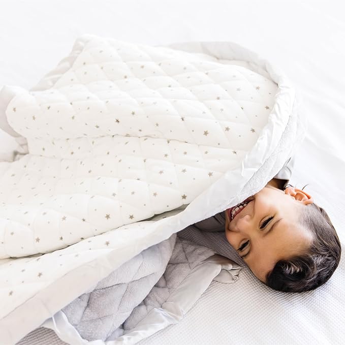 Dreamland Baby 4lb Weighted Blanket for Kids. Breathable Dual Fabrics with Minky Cooling Side & Cozy Microfleece on Reverse. Mom-Owned US Business, Premium Materials (White with Grey Stars)