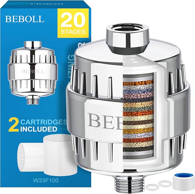 20 Stage Shower Filter With 2 Cartridges, Shower Head Filter for Hard Water, Remove 99% Chlorine, Fluoride, Heavy Metals, High Output Shower Water Filter Improves Your Skin, Hair and Nails