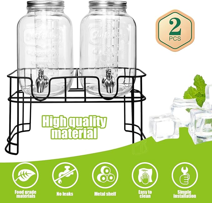 1 Gallon Glass Drink Dispensers For Parties 2PACK.Beverage Dispenser,Drink Dispenser With Stand And Stainless Steel Spigot 100% Leakproof.Glass Drink Dispenser With Ice Cylinder. Lemonade