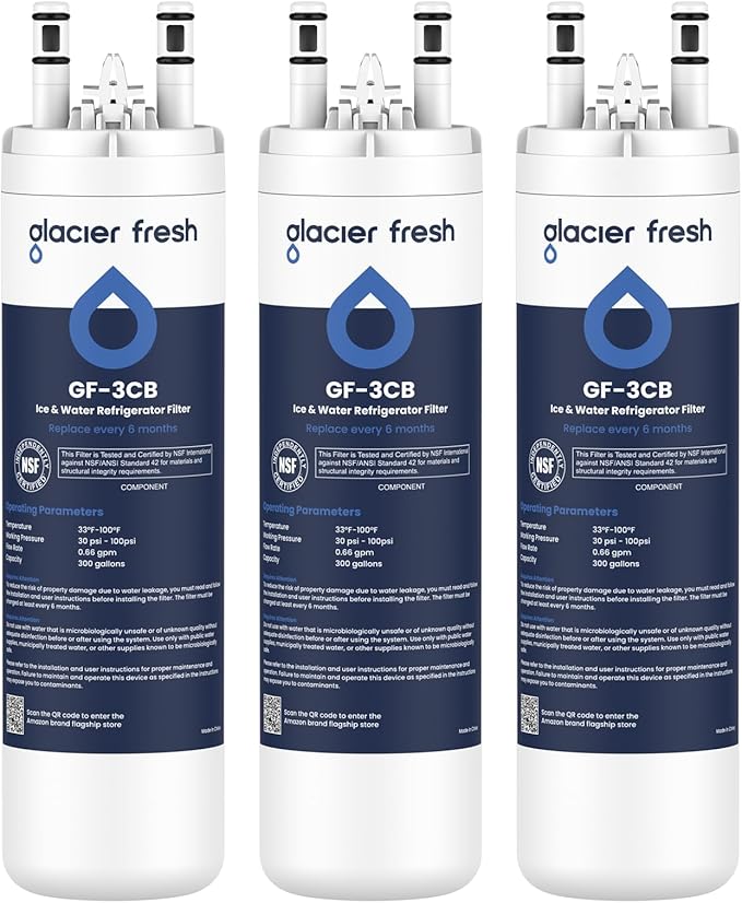 GLACIER FRESH WF3CB Refrigerator Water Filter Replacement for PureSource 3, 706465, WF425, Compatible with Frigidaire ULTRAWF, Pure Source Ultra, Kenmore 9999, 469999, A0094E28261, 3 Packs