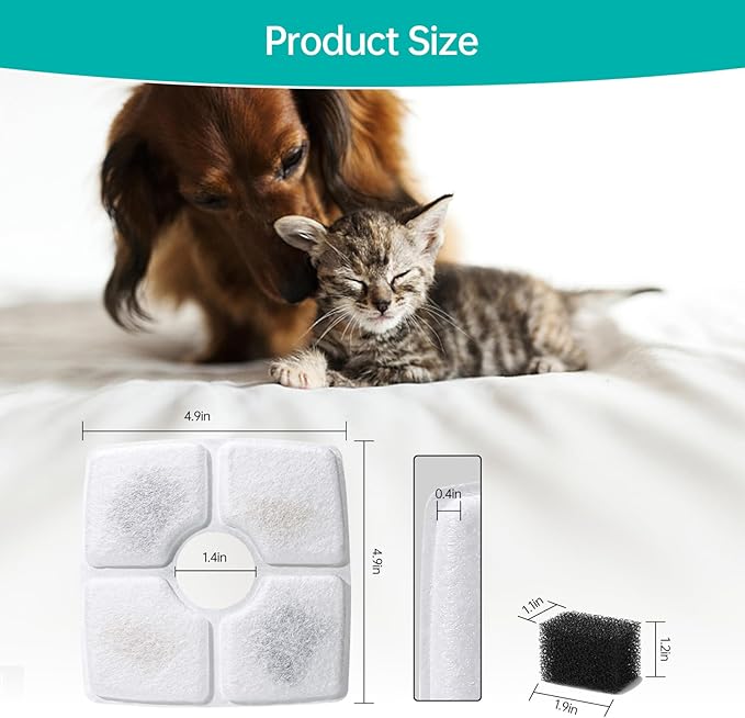 8-Pack Cat Water Fountain Filter Replacement & 8-Pack Pre-Filter Sponges for Square 84oz/2.5L Automatic Cat Fountain Dog Water Dispenser, Triple Filtration System Activated Carbon for Pet Fountain