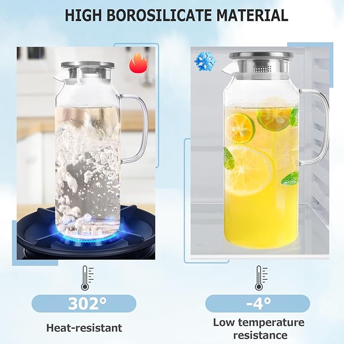 Yirilan Glass Pitcher, 2 Liter(68oz) Water Pitcher with Lid and Spout, Large Pitchers for Drinks, Glass Water Carafe, Glass Jug, Beverage Pitchers