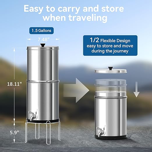 Purewell Gravity-Fed Water Filter System, 1.5 Gallon Stainless Steel Countertop Filtration System with 2 Black Purification Elements and Metal Spigot for Home and Outdoor Use(with Stand)