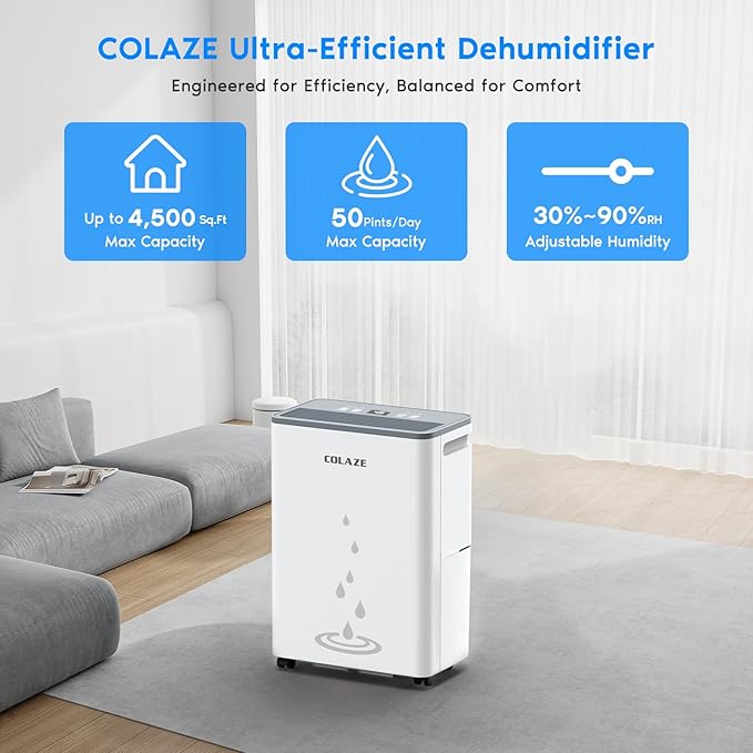 COLAZE 50 Pint Dehumidifier, Dehumidifier for Basement with Drain Hose, Dehumidifiers for Home up to 4,500 Sq. Ft, Ideal for Bedroom, Bathroom & Large Rooms, Smart Control, 24H-Timer & Auto Defrost