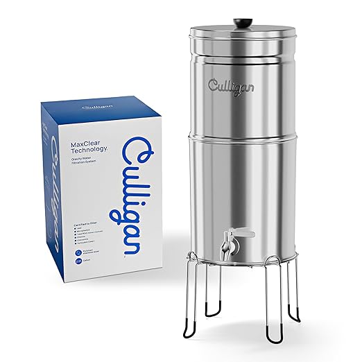 Culligan with MaxClear Technology 2.25 Gallon Gravity Water Filter System, Polished Countertop Ceramic Water Filter NSF/ANSI Certified to Reduce Lead, Microplastics & Total PFAS, with 2 Filters
