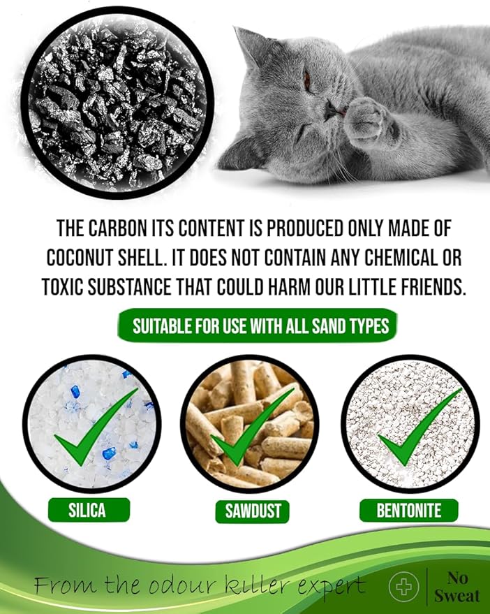 No Sweat Activated Carbon Cat Litter Odour Neutralizer-Made Of Coconut Shell-All Natural-No Chemical,Toxic Ingredients-Unscented-Planet Friendly-Economy Pack-500 GR- Packing May Vary