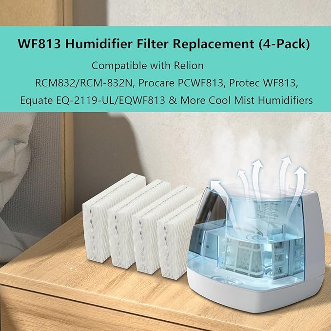Replacement Humidifier Filters, Compatible with Equate EQWF813 PCWF813 Relion RCM832 RCM-832N Protec RWF813 EQ-2119-UL PCCM-832N Cool Mist Humidifiers Wick Filter 4 Pack