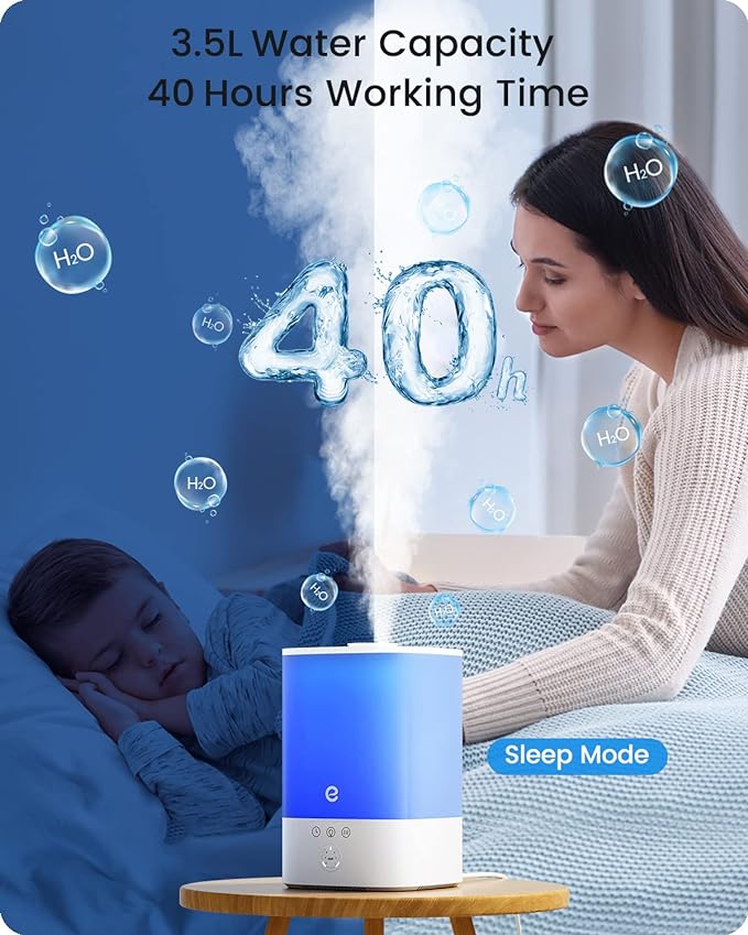 Humidifiers for Bedroom Large Room, Esemoil Smart WiFi Cool Mist Humidifiers for Baby, 3.5L Top Fill & 28dB Quiet, 40H Air Ultrasonic Diffuser with 8 Color Light, Voice Control, Compatible with Alexa