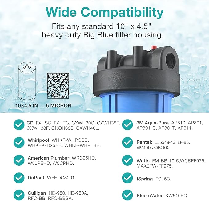 5 Micron 10" x 4.5" Sediment and Carbon Whole House Water Filters SimPure Replacement Cartridge for GE FXHTC, GXWH40L, RFC-BB / 155141-43, FC15B, HB18B, WRC25HD, WDGD-5005, W10-PR, W15-PR, 3-Pack