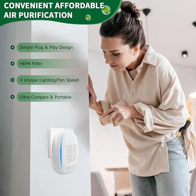 Air Ionizers HEPA Filter/Plug In Air Purifier for Home, Negative Ion Filtration System for Bathroom,Bedroom, Office, Kitchen, Mini Air Cleaner, Portable Air Filter (White) (1)