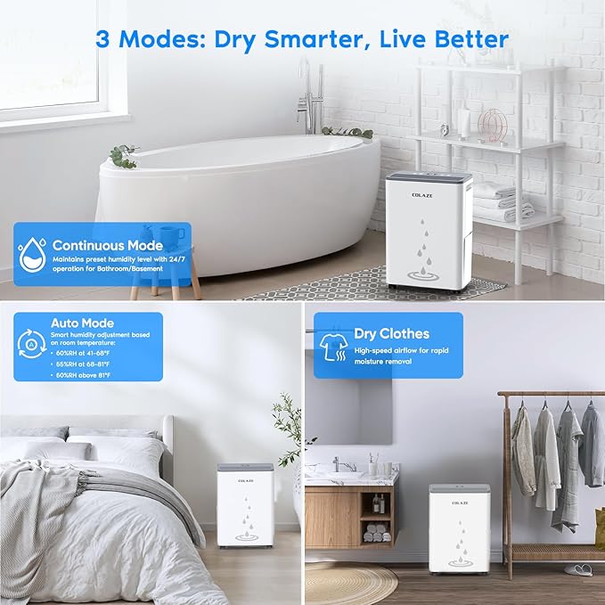 COLAZE 50 Pint Dehumidifier, Dehumidifier for Basement with Drain Hose, Dehumidifiers for Home up to 4,500 Sq. Ft, Ideal for Bedroom, Bathroom & Large Rooms, Smart Control, 24H-Timer & Auto Defrost