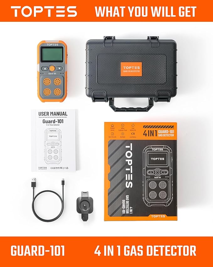 Guard-101 Gas Detector, 4 Gas Monitor for H2S, CO, LEL and O2, with Vibration, Visual and Audible Alarms, 14h Long Battery Life, Safety Explosion-Proof, for Work, Home - Orange