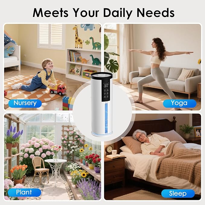 Humidifiers for Bedroom - GloryAir 2.11Gal (8L) Quiet Top Fill Cool Mist Humidifier Large Room 550 ftΒ² 120H Runtime with Humidistat, Auto Mode Diffuser 7-Color Light for Plants Baby Adults Office Home