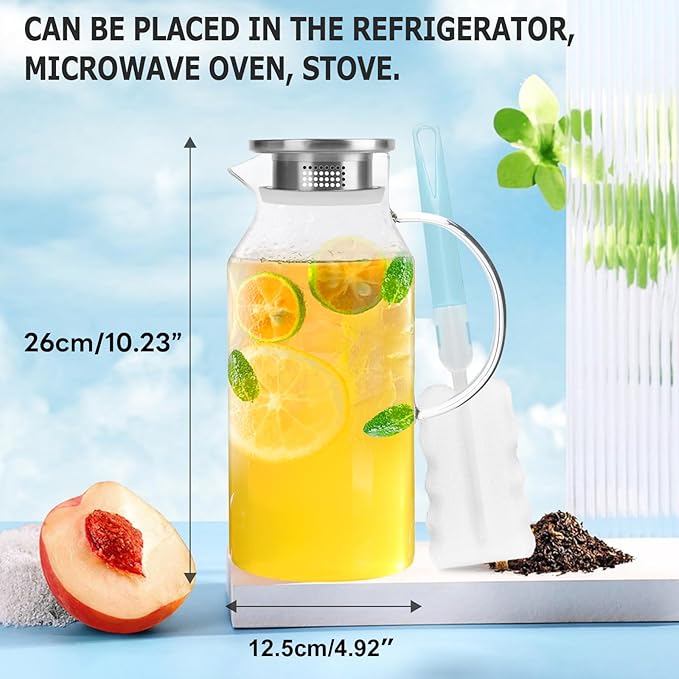Yirilan Glass Pitcher, 2.6 Liter Water Pitcher with Lid, Large Juice Pitchers for Drinks, Glass Water Carafe, Glass Tea Jug, Beverage Pitchers