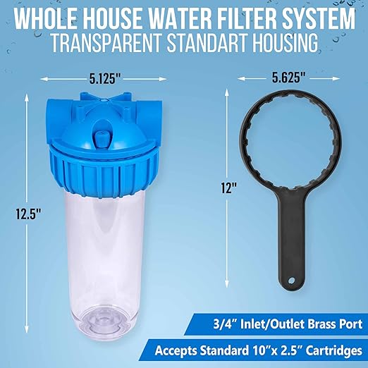 10 Inches Transparent Standard Whole House Water Filter System with Presser Relief Valve, 3/4ā Inlet/Outlet Brass Port and Yearly Supply (3) Block Activated Carbon Cartridges 5 Micron