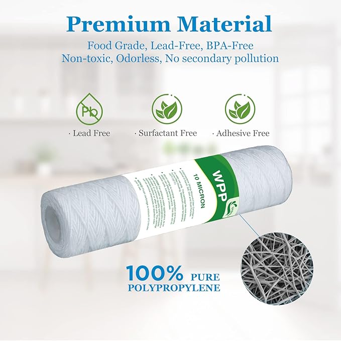 10 Micron String Wound Whole House Water Filter 10" x 2.5", 10-inch Universal Sediment Pre-Filters for Well Water, Replacement Cartridge for FXWSC, CW-F, CW-MF, 1SS, W5W, AO-WH-PRE-R2, 6-Pack