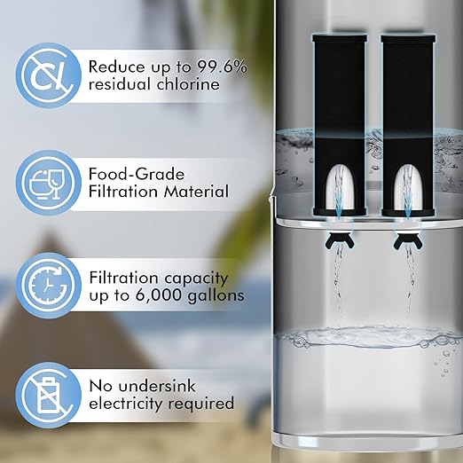 Purewell Gravity-Fed Water Filter System, 1.5 Gallon Stainless Steel Countertop Filtration System with 2 Black Purification Elements and Metal Spigot for Home and Outdoor Use(with Stand)
