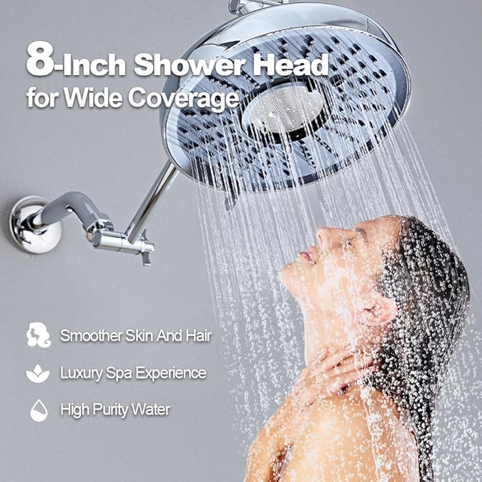 Filtered Shower Head 8 Inch - High Pressure Fixed Rain Showerhead with 18-Stage Filter for Hard Water Softener - Reduces Chlorine and Heavy Metals (Chrome)