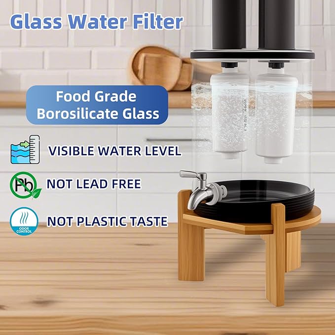 Gravity-Fed Water Filter System, Glass water filter, Glass Countertop Water Filtration Dispenser, with Wooden Stand and 2 Filters, 2.25 Gallon,for Home and Office