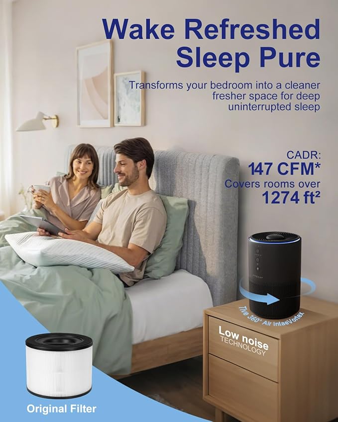Air Purifiers for Home Large Room up to 1274-ft², Pet Hair Allergy, HEPA 3-in-1 air purifier, Low Power High Torque Motor, Sleep Mode, Removes Smoke, and Odor Pollutants. Airfresh-300(Black)