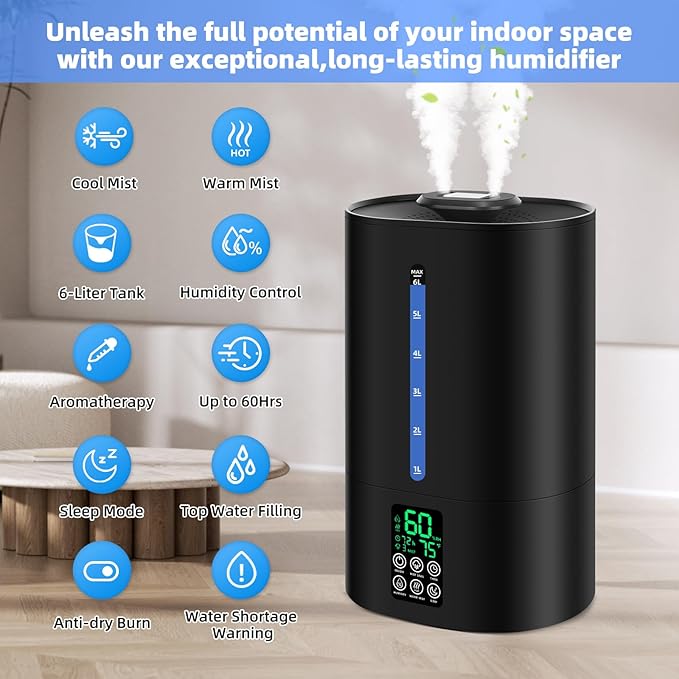 6L Humidifiers for Bedroom Large Room Home, Cool and Warm Humidifier for Plants Mist Top Fill Desk Humidifier Essential Oil Diffuser, Quiet Humidifiers with Adjustable Mist,360°Nozzle-Black