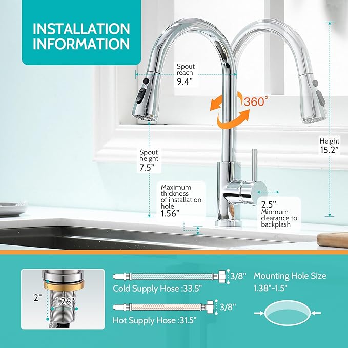 Kicimpro Chrome Kitchen Faucet, Kitchen Faucets for Sink 3 Hole High Arc Single Handle Stainless Steel Commercial RV Camper Kitchen Faucet with Pull Down Sprayer llaves para fregaderos de cocina