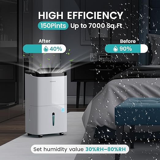 Kesnos 150 Pints 2025 Energy Star Dehumidifier with Pump for Space Up to 7000 Sq. Ft - Dehumidifier for Basement with Drain Hose, 1.85 Gal Water Tank, Handle, Self-Drying, Idear for Home, Office