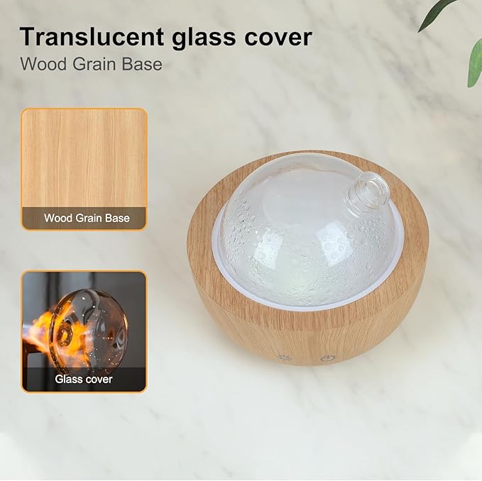 Glass Essential Oil Diffusers for Home, Wood Grain Base Humidifier, Decorative Bedroom Aromatherapy Scent Air Diffuser Ultrasonic Aroma Defusers 200ml(with 3Pcs Essential Oils)