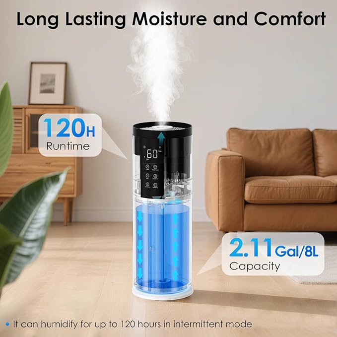 Humidifiers for Bedroom - GloryAir 2.11Gal (8L) Quiet Top Fill Cool Mist Humidifier Large Room 550 ftΒ² 120H Runtime with Humidistat, Auto Mode Diffuser 7-Color Light for Plants Baby Adults Office Home