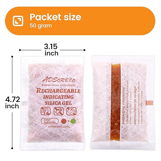 Adsorbco Rechargeable Desiccant, Indicating Silica Gel Packets, Moisture Absorbers for Storage, Gun Safe Dehumidifiers (5, 50g)