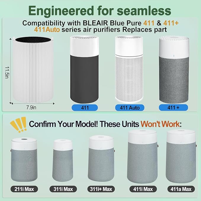 411 Replacement Filter for Blueair Blue Pure 411 Auto, 411 & 411+ Air Purifiers - 2 Pack HEPA with Activated Carbon Filters, 99.97% Particle Removal, Easy Install, Ultra Quiet for Home Office Bedroom