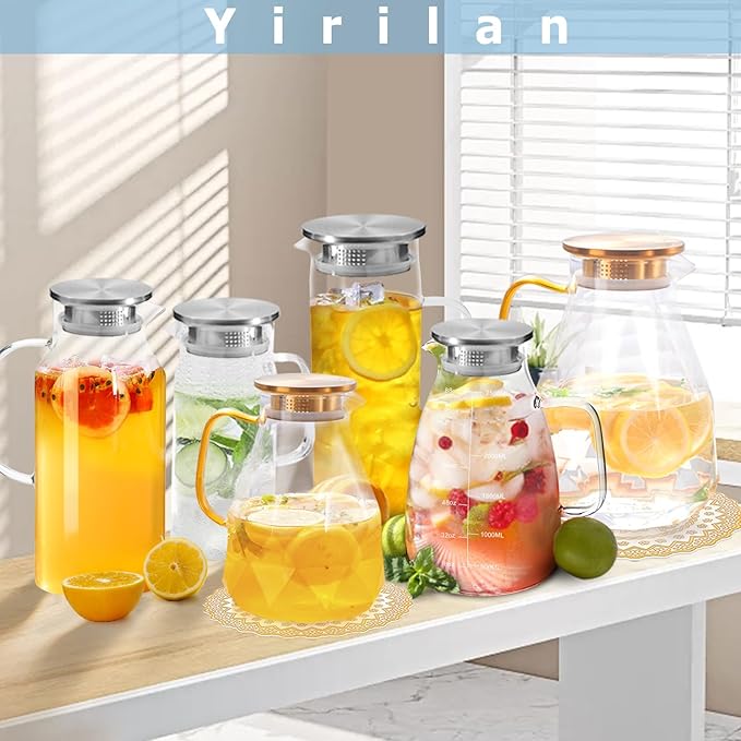 Yirilan Glass Pitcher, 2 Liter(68oz) Water Pitcher with Lid and Spout, Large Pitchers for Drinks, Glass Water Carafe, Glass Jug, Beverage Pitchers