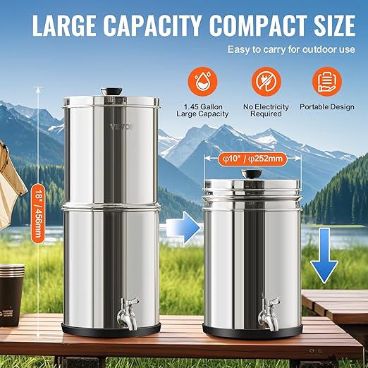 VEVOR Gravity-fed Water Filter System, 1.5G 304 Stainless-Steel Countertop System, Water Filtration System, Reduces Lead and up to 99% of Chlorine, with 2 Carbon Filters & Spigot, for Home Camping RV
