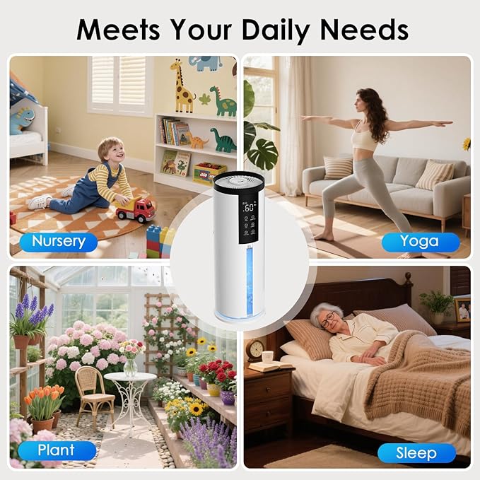 Humidifiers for Bedroom - GloryAir 2.11Gal (8L) Quiet Top Fill Cool & Warm Mist Humidifier Large Room 650 ftΒ² with Humidistat, diffuser, Auto Mode, 7-Color Light for Plants, Baby,Adults, Office & Home