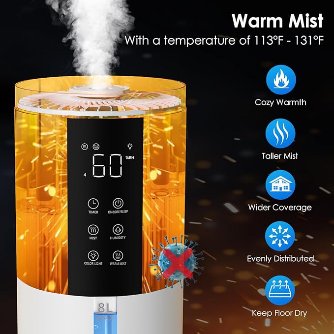 Humidifiers for Bedroom - GloryAir 2.11Gal (8L) Quiet Top Fill Cool & Warm Mist Humidifier Large Room 650 ftΒ² with Humidistat, diffuser, Auto Mode, 7-Color Light for Plants, Baby,Adults, Office & Home