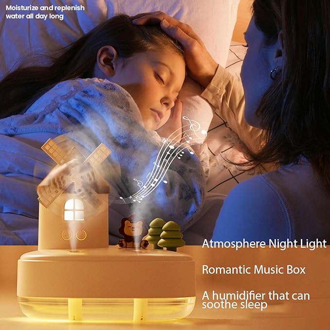Ultrasonic Humidifiers for Bedroom and Office,Cold fog humidifier with music box, rotary windmill baby humidifier with night light, dual nozzle, two spray modes and ambient light