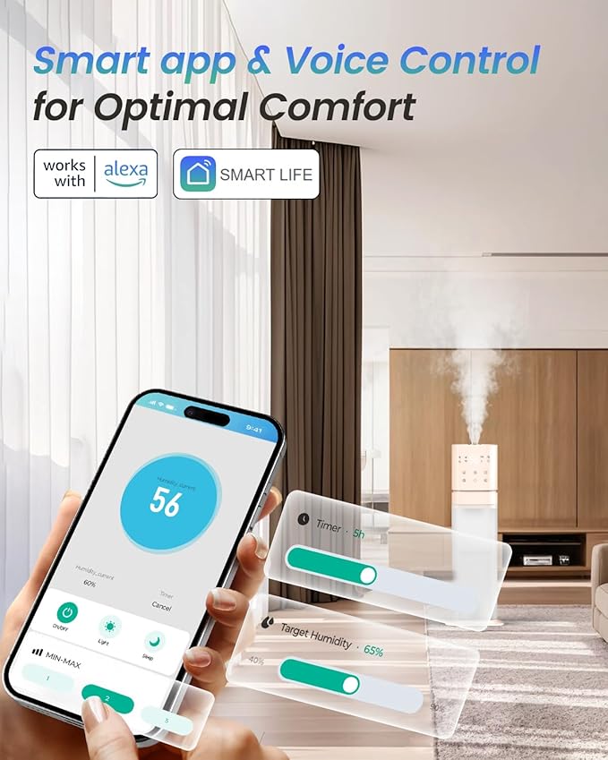 Smart Humidifier Large Room, 2.1Gal/8L Humidifiers for Bedroom with Extended Tube&Night Light, Whole House Cool Mist Humidifiers, WIFI App&Voice Control, School/Office/Warehouse, Pale Pink