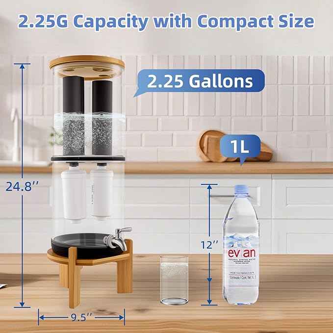 Gravity-Fed Water Filter System, Glass water filter, Glass Countertop Water Filtration Dispenser, with Wooden Stand and 2 Filters, 2.25 Gallon,for Home and Office